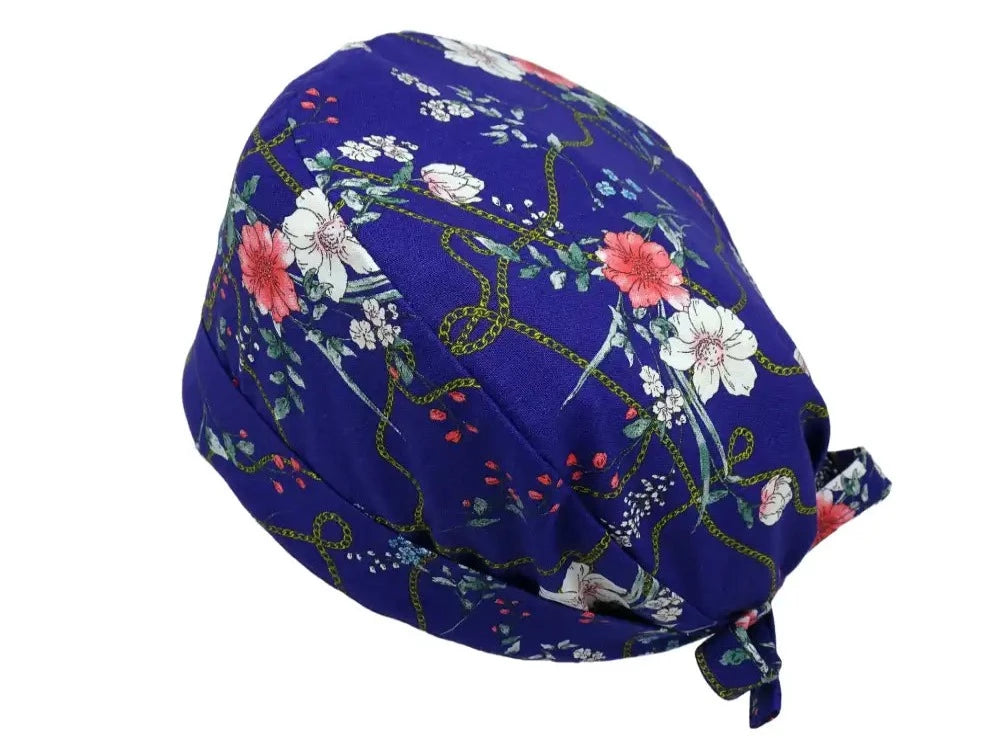 Lesleys OP-Haube für lange Haare Schmuckblume - Stoff OP-Haube aus 100% Baumwolle