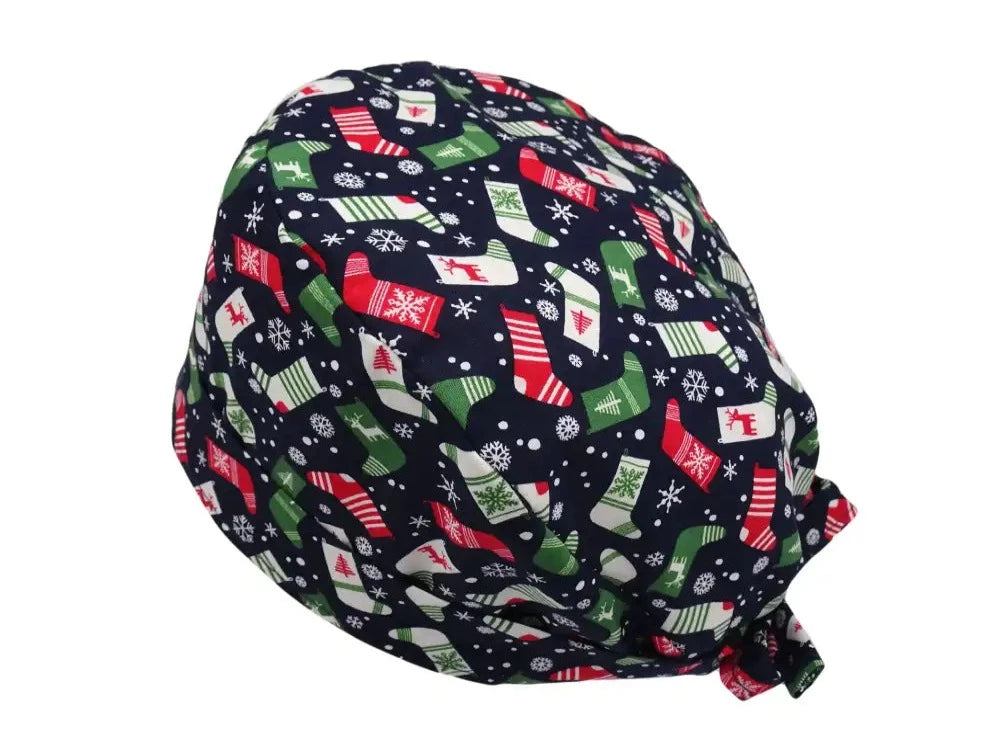 Lesleys OP-Haube für lange Haare Weihnachtsstrümpfe - Stoff OP-Haube aus 100% Baumwolle