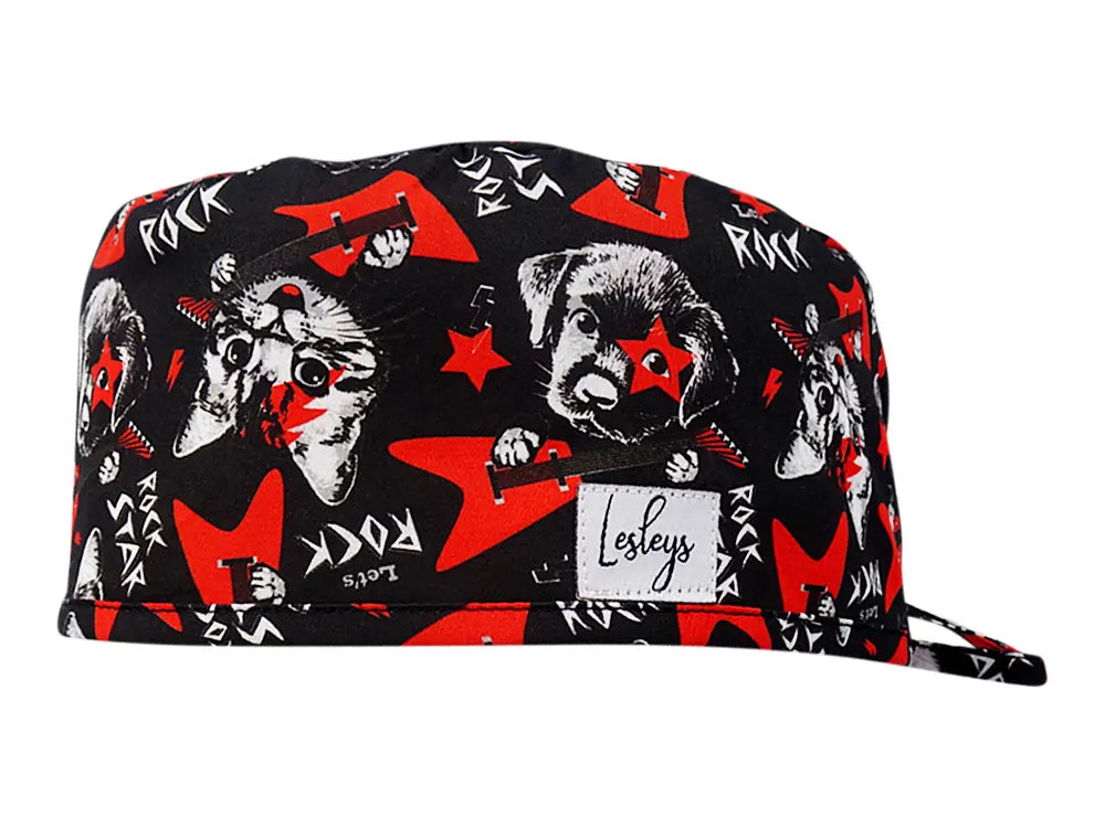 Stoff OP Haube aus Baumwolle Rockstar Pets. Bunte OP Muetze fuer Damen und Herren