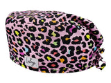 Stoff OP Haube aus Baumwolle Rosa Leopard. Bunte OP Muetze fuer Damen und Herren