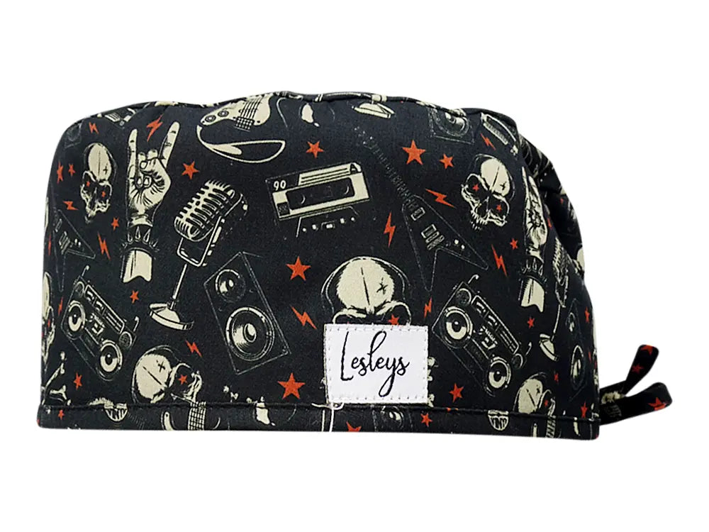 Stoff OP Haube aus Baumwolle Heavy Metal. Bunte OP Muetze fuer Damen und Herren