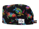 Stoff OP Haube aus Baumwolle Rainbow Turtle. Bunte OP Muetze fuer Damen und Herren