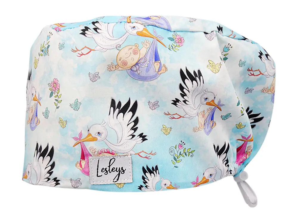 Stoff OP Haube aus Baumwolle Klapperstorch. Bunte OP Mütze für Damen und Herren