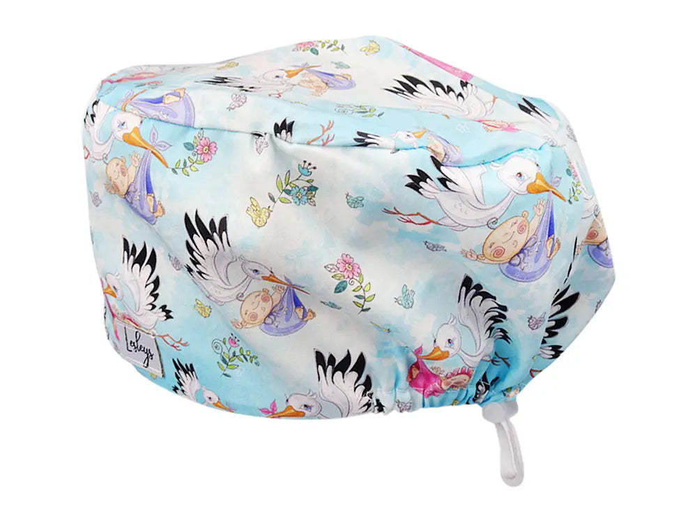 Stoff OP Haube aus Baumwolle Klapperstorch. Bunte OP Mütze für Damen und Herren