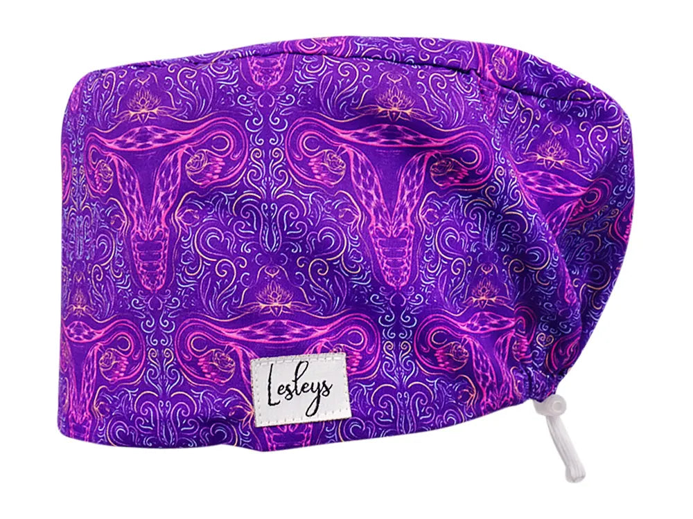 Stoff OP Haube aus Baumwolle Purple Uterus. Bunte OP Muetze fuer Damen und Herren