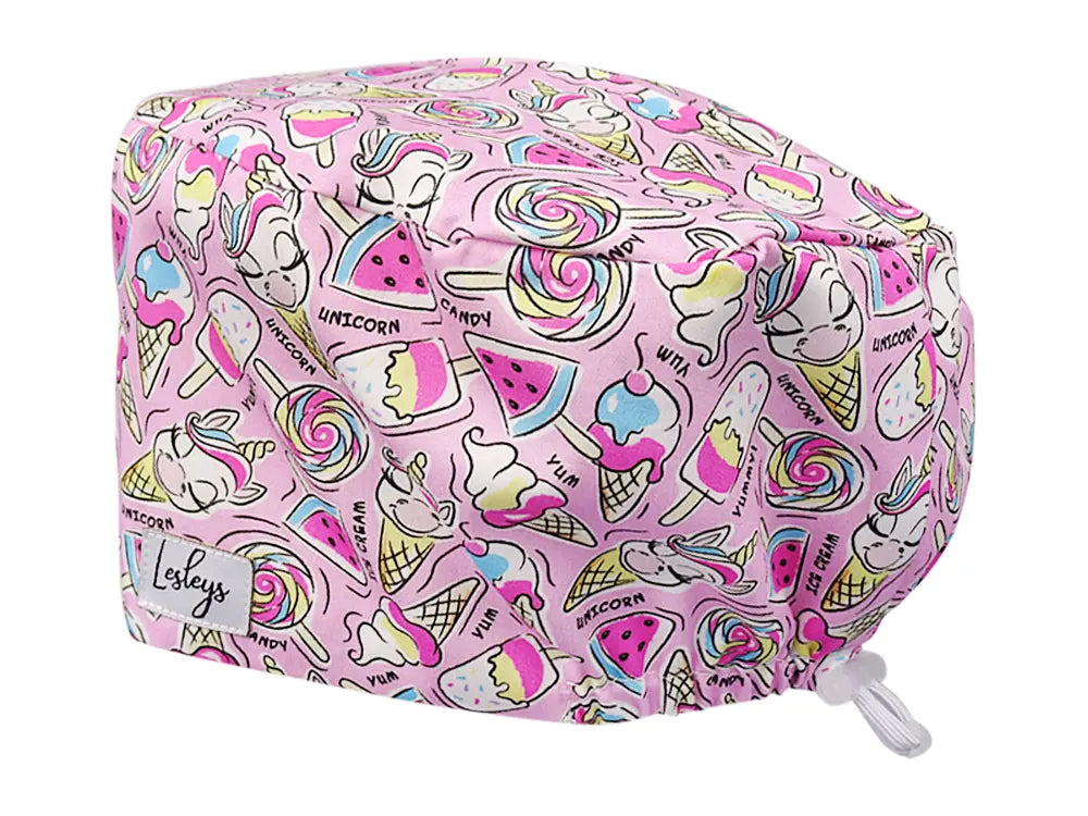 Stoff OP Haube aus Baumwolle Einhorn Eiskugel. Bunte OP Muetze fuer Damen und Herren