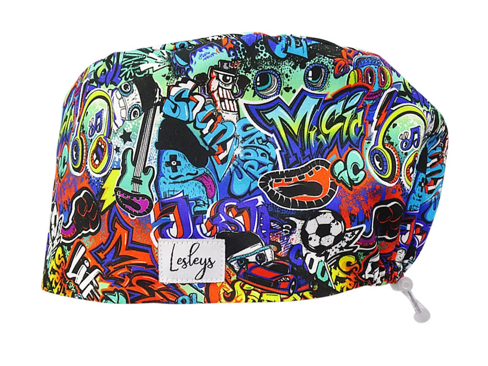 Stoff OP Haube aus Baumwolle Graffiti. Bunte OP Muetze fuer Damen und Herren