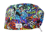 Stoff OP Haube aus Baumwolle Graffiti. Bunte OP Muetze fuer Damen und Herren