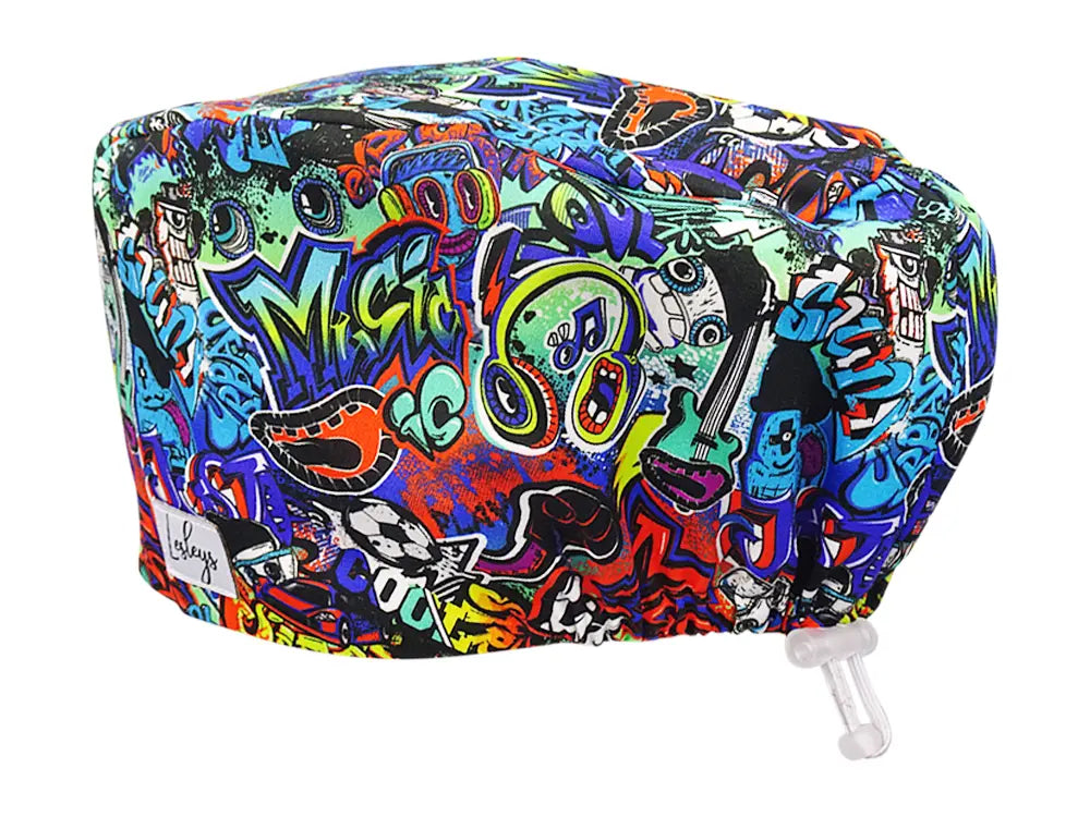 Stoff OP Haube aus Baumwolle Graffiti. Bunte OP Muetze fuer Damen und Herren