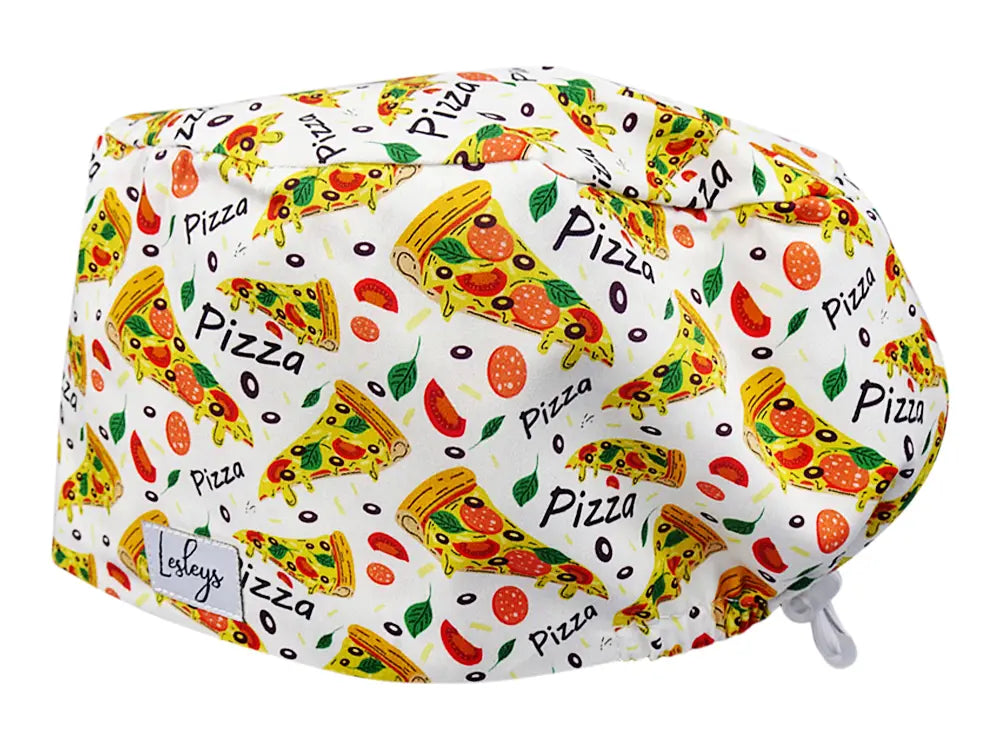 Stoff OP Haube aus Baumwolle Pizza. Bunte OP Muetze fuer Damen und Herren