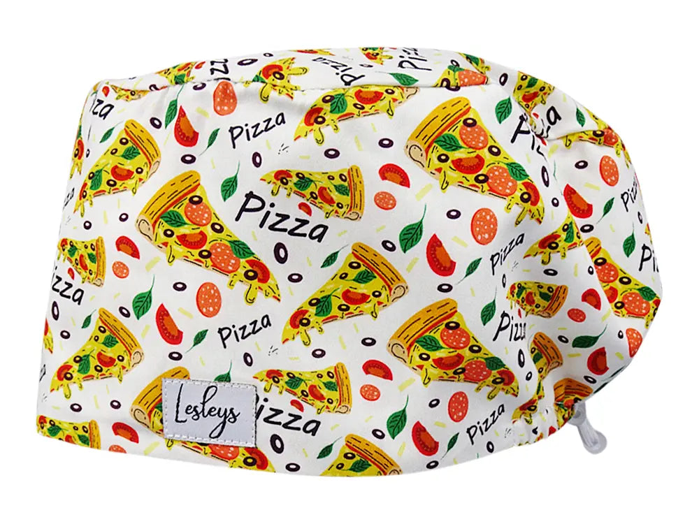 Stoff OP Haube aus Baumwolle Pizza. Bunte OP Muetze fuer Damen und Herren