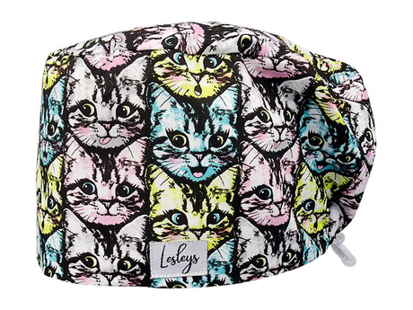 Stoff OP Haube aus Baumwolle Curious cats. Bunte OP Muetze fuer Damen und Herren