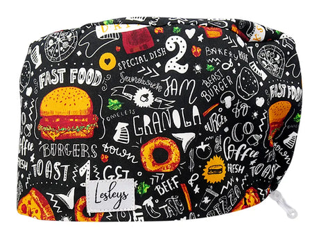 Stoff OP Haube aus Baumwolle Fast Food. Bunte OP Muetze fuer Damen und Herren