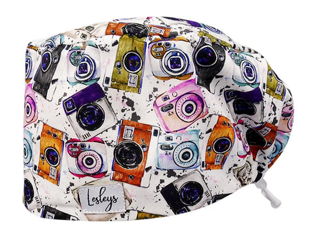 Stoff OP Haube aus Baumwolle Kameras. Bunte OP Muetze fuer Damen und Herren