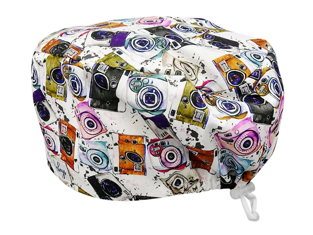 Stoff OP Haube aus Baumwolle Kameras. Bunte OP Muetze fuer Damen und Herren