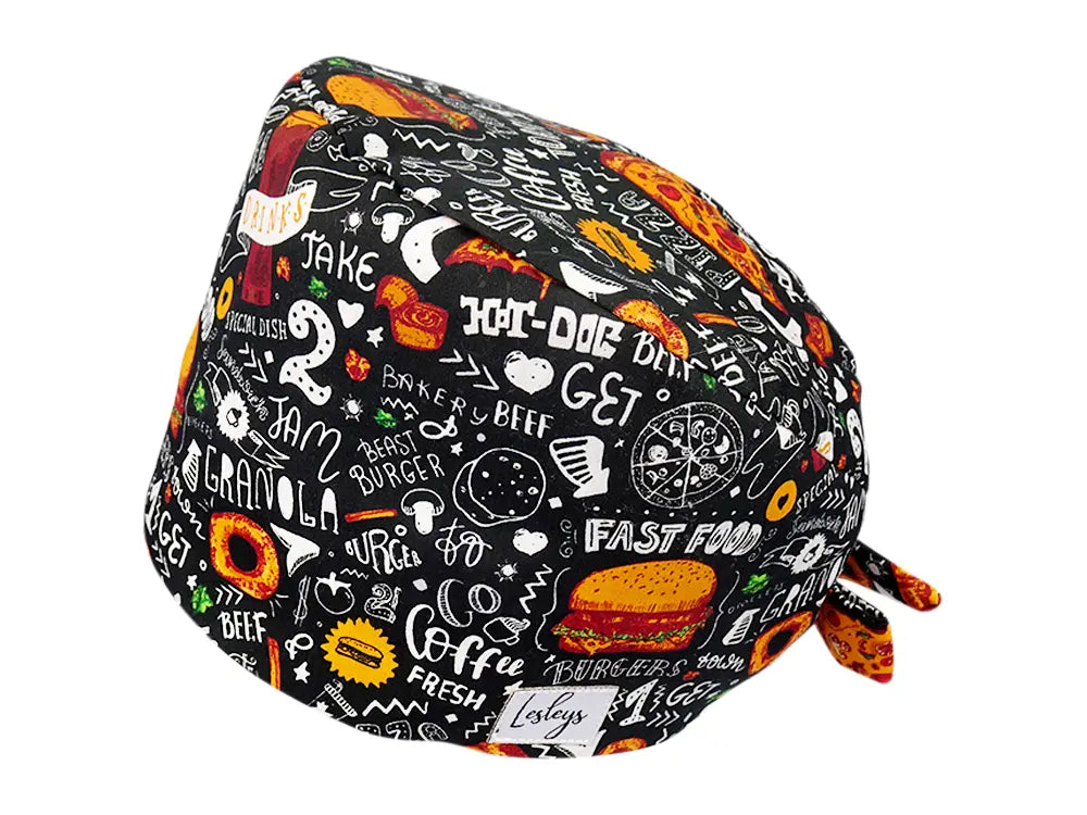 Stoff OP Haube aus Baumwolle Fast Food. Bunte OP Muetze fuer Damen und Herren