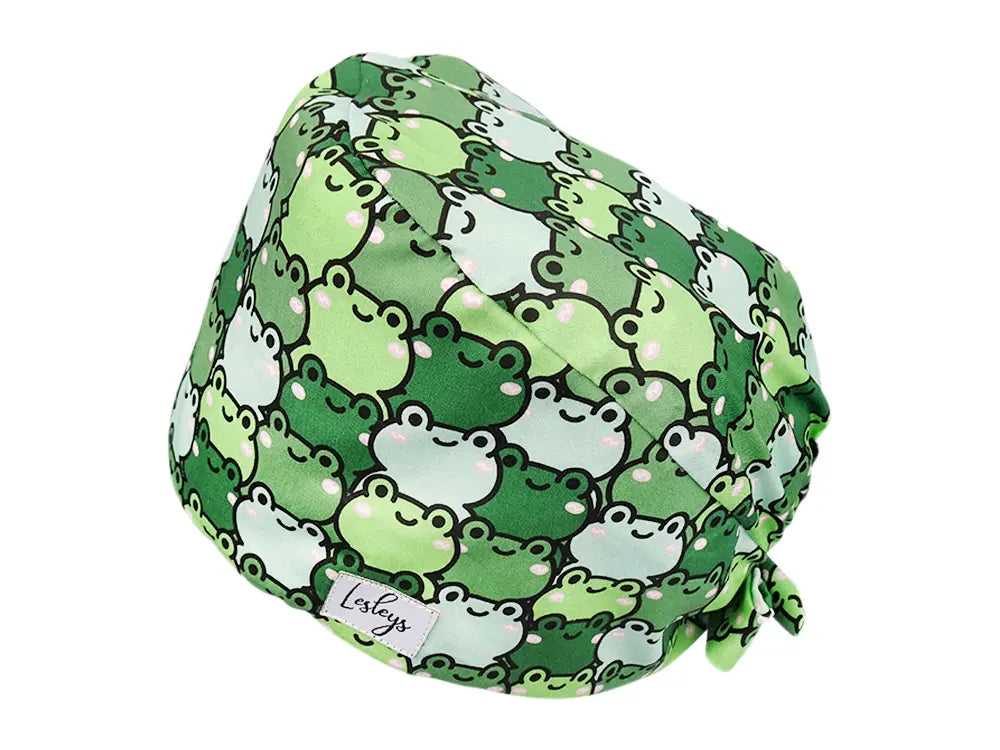 Stoff OP Haube aus Baumwolle Froesche. Bunte OP Muetze fuer Damen und Herren