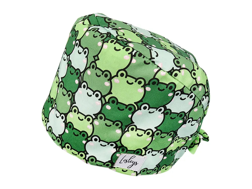 Stoff OP Haube aus Baumwolle Froesche. Bunte OP Muetze fuer Damen und Herren