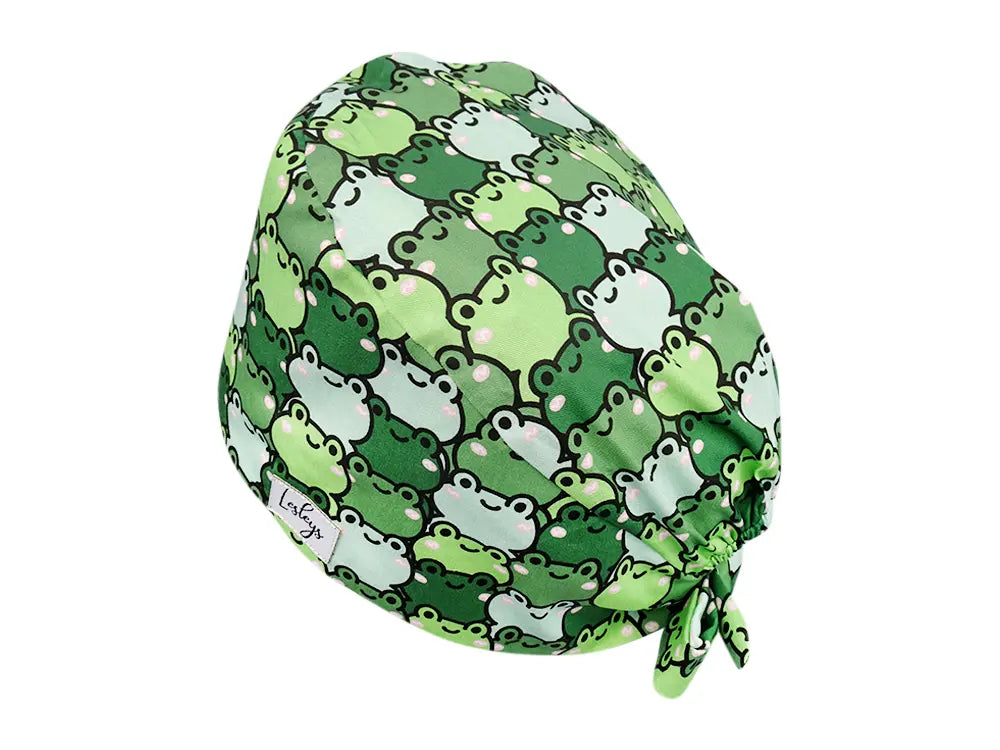 Stoff OP Haube aus Baumwolle Froesche. Bunte OP Muetze fuer Damen und Herren