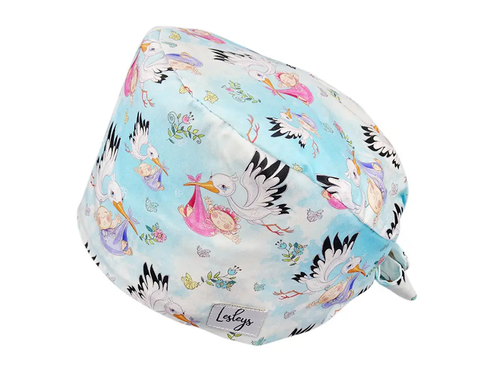 Stoff OP Haube aus Baumwolle Klapperstorch. Bunte OP Muetze fuer Damen und Herren