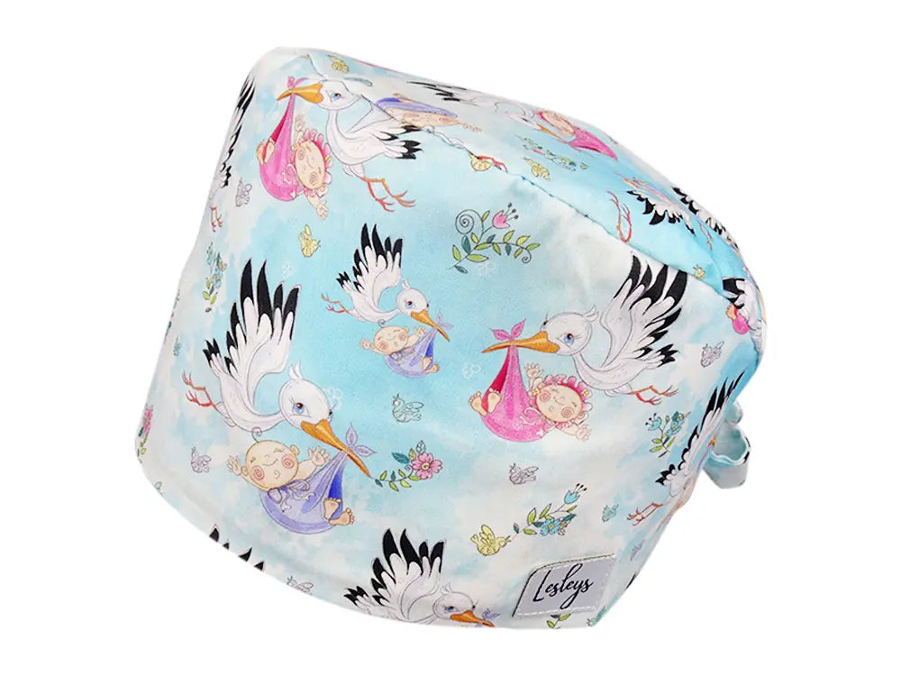 Stoff OP Haube aus Baumwolle Klapperstorch. Bunte OP Muetze fuer Damen und Herren
