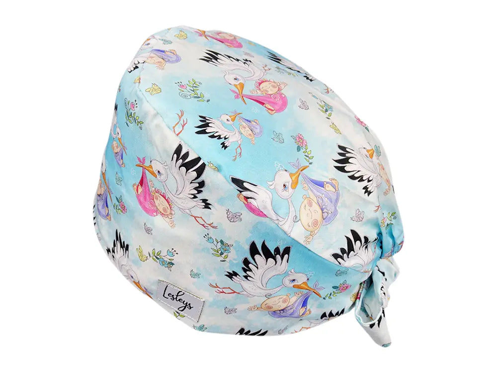 Stoff OP Haube aus Baumwolle Klapperstorch. Bunte OP Muetze fuer Damen und Herren