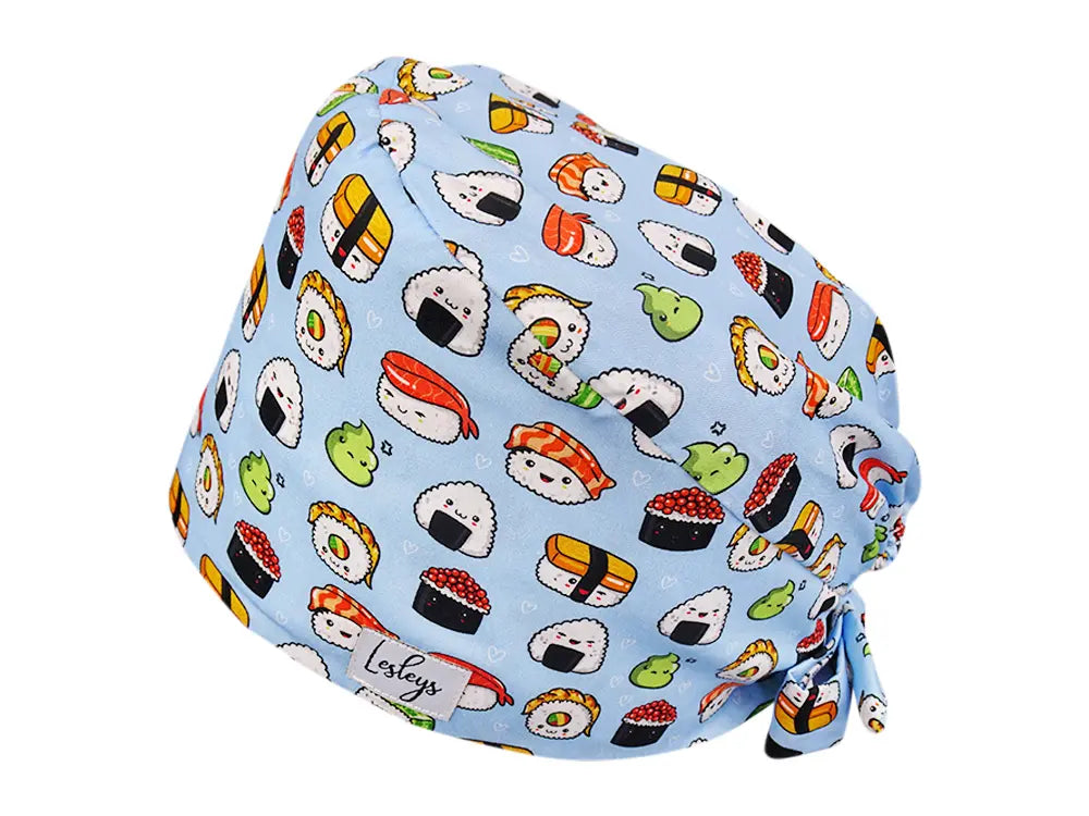 Stoff OP Haube aus Baumwolle Sushi. Bunte OP Muetze fuer Damen und Herren