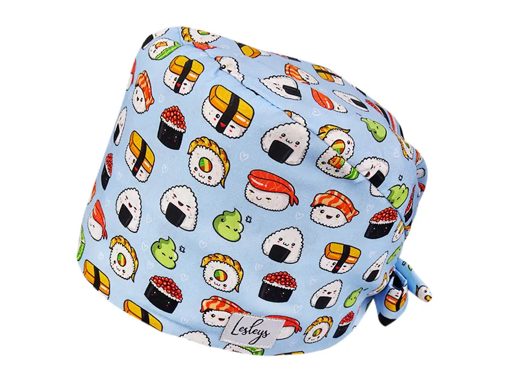 Stoff OP Haube aus Baumwolle Sushi. Bunte OP Muetze fuer Damen und Herren