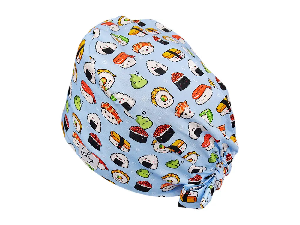 Stoff OP Haube aus Baumwolle Sushi. Bunte OP Muetze fuer Damen und Herren