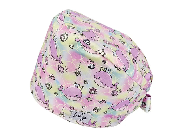 Stoff OP Haube aus Baumwolle Narwale. Bunte OP Muetze fuer Damen und Herren