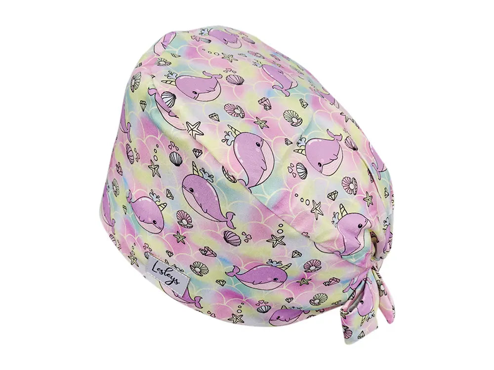Stoff OP Haube aus Baumwolle Narwale. Bunte OP Muetze fuer Damen und Herren
