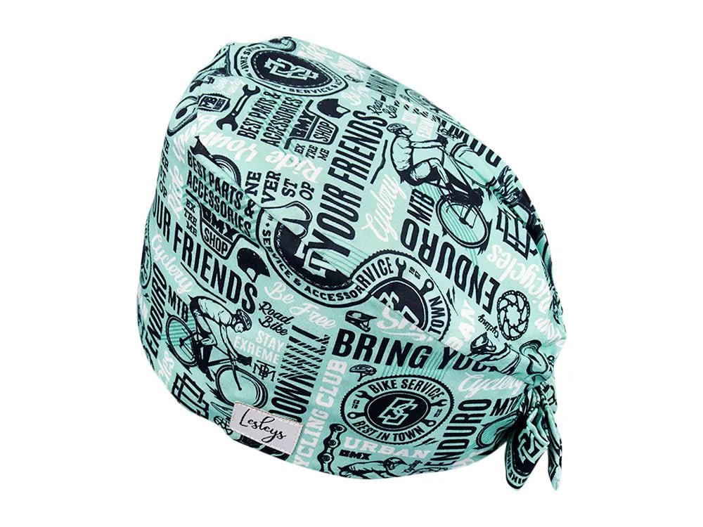 Stoff OP Haube aus Baumwolle Cyclery. Bunte OP Muetze fuer Damen und Herren