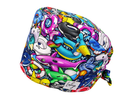 Stoff OP Haube aus Baumwolle Schwimmreifen. Bunte OP Muetze fuer Damen und Herren