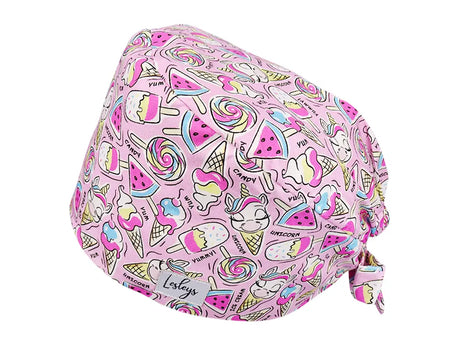 Stoff OP Haube aus Baumwolle Einhorn Eiskugel. Bunte OP Muetze fuer Damen und Herren
