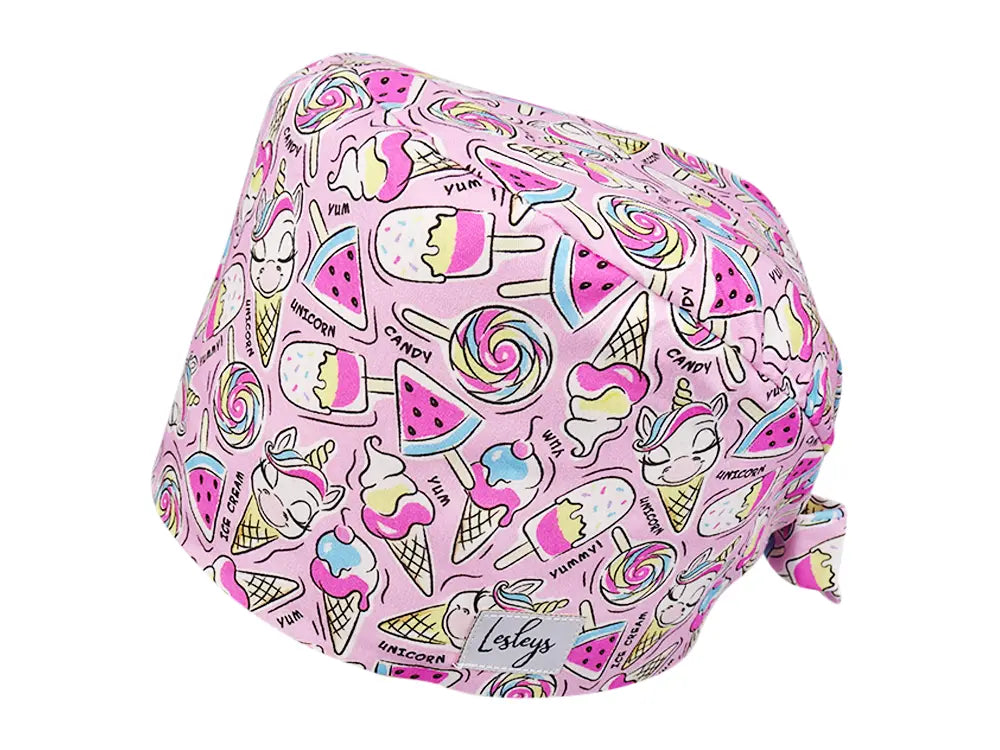 Stoff OP Haube aus Baumwolle Einhorn Eiskugel. Bunte OP Mütze für Damen und Herren