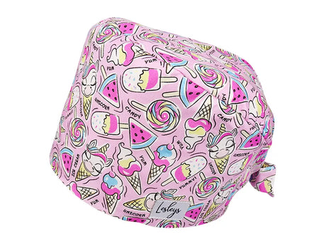 Stoff OP Haube aus Baumwolle Einhorn Eiskugel. Bunte OP Muetze fuer Damen und Herren