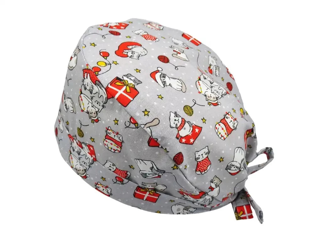 Lesleys OP-Haube für lange Haare Weihnachtskätzchen - Stoff OP-Haube aus 100% Baumwolle