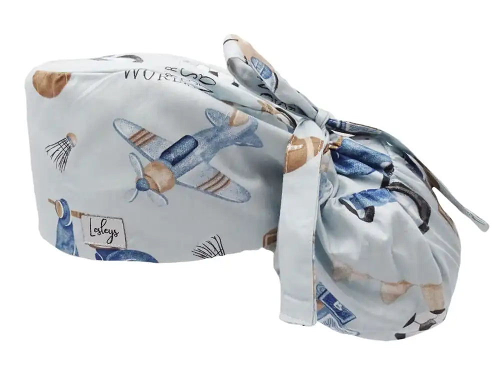 Ponytail Stoff OP-Haube Retro Toys Blau für lange Haare aus Baumwolle - Lesleys