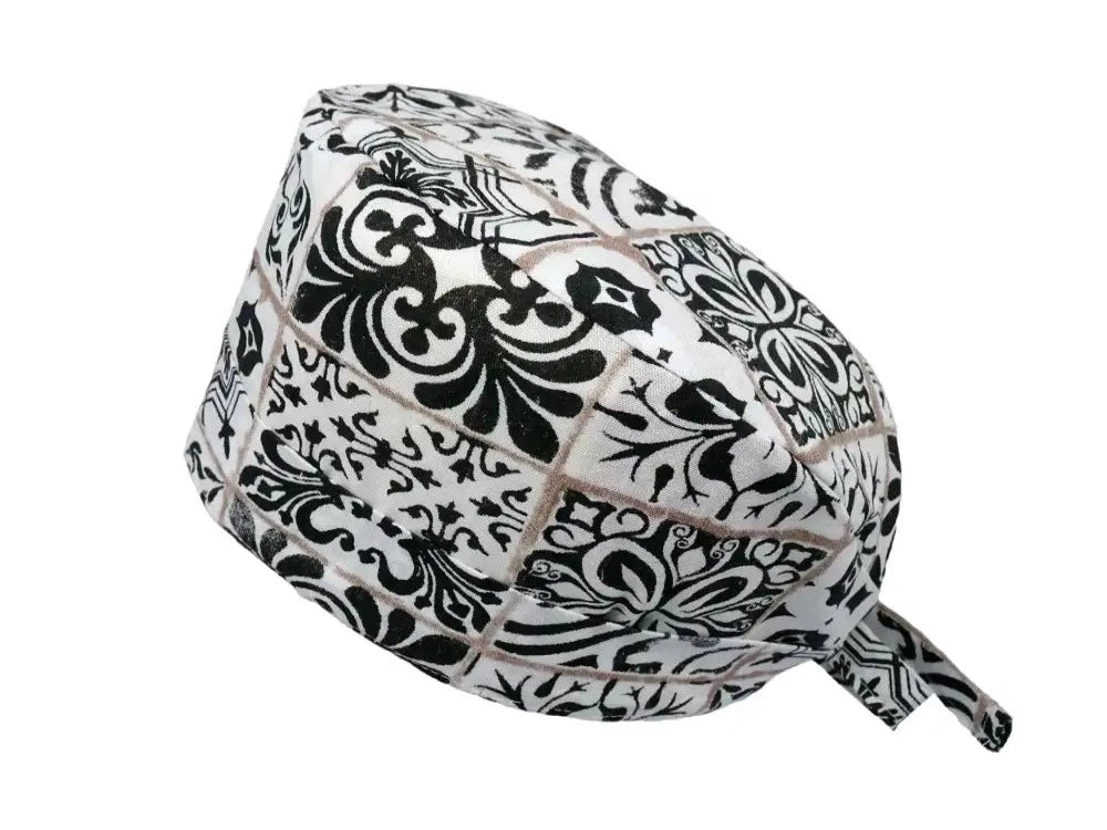 Lesleys OP-Haube für lange Haare Weißes Mosaik - Stoff OP-Haube aus 100% Baumwolle