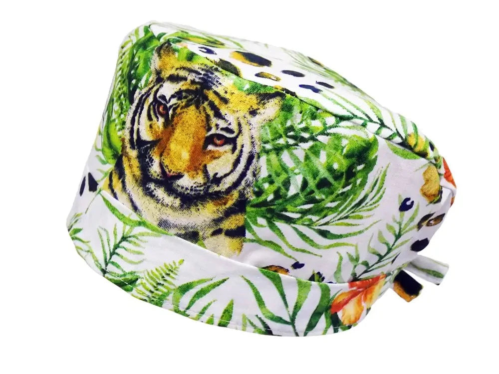 Anpassbare OP-Haube Tiger fuer lange Haare aus Baumwolle