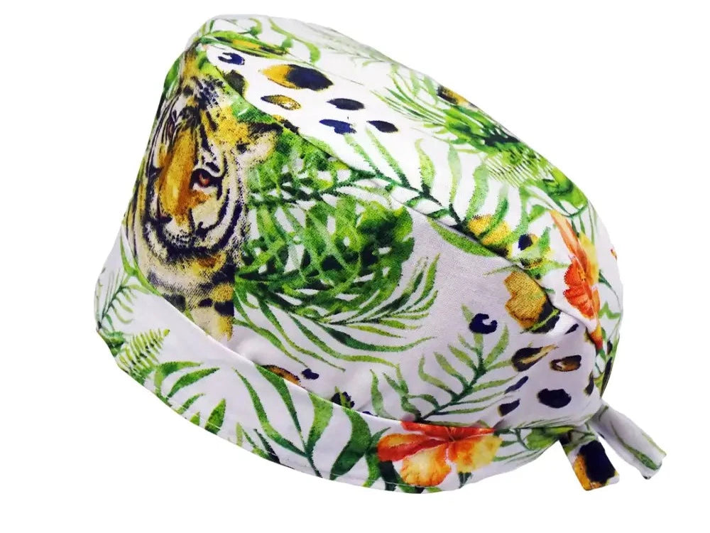 Anpassbare OP-Haube Tiger fuer lange Haare aus Baumwolle